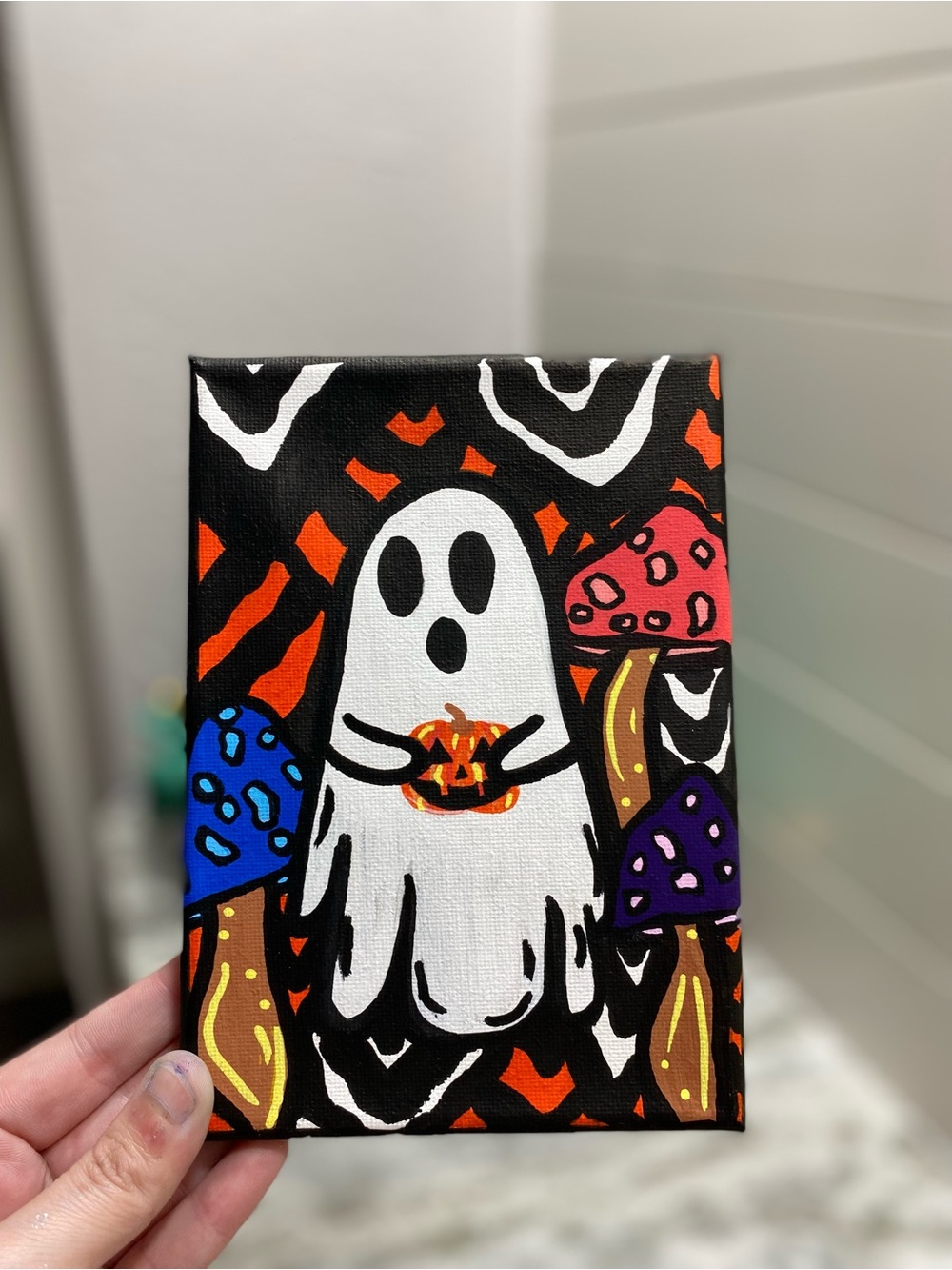 Hand Crafted Ghost and Mushrooms Painting